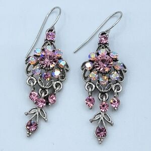 Ornate Silvertone Earrings With Pink Crystals #1811